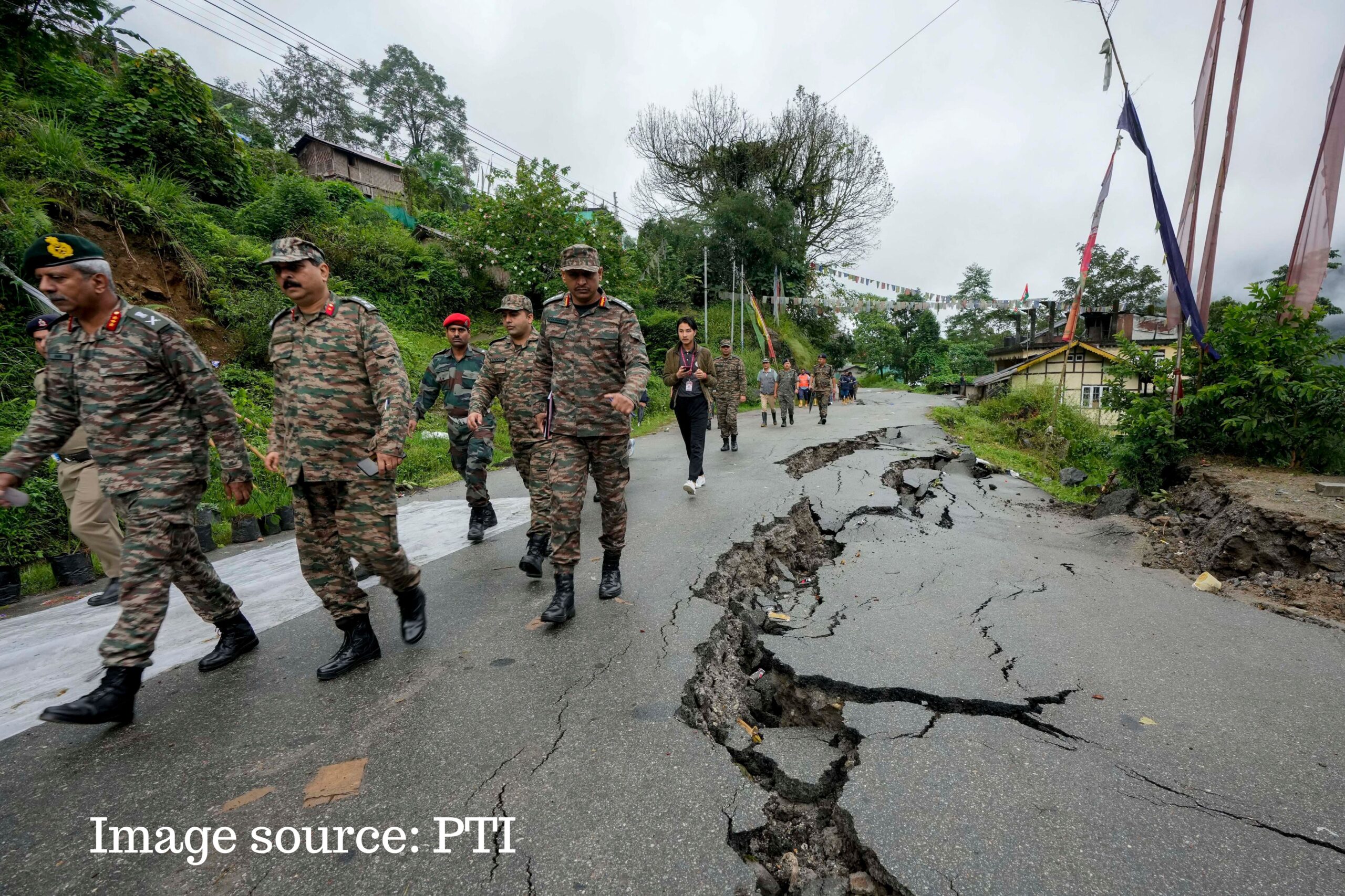 North Sikkim: Indian Army officers inspect the damage caused by flash floods triggered by heavy rainfall in Naga village in north Sikkim, Saturday, Oct. 7. 2023. Rescuers found more bodies overnight as they dug through debris and ice-cold water in a hunt for survivors after a glacial lake burst through a dam in Himalayan northeast, washing away houses and bridges and forcing thousands to flee. (PTI Photo)